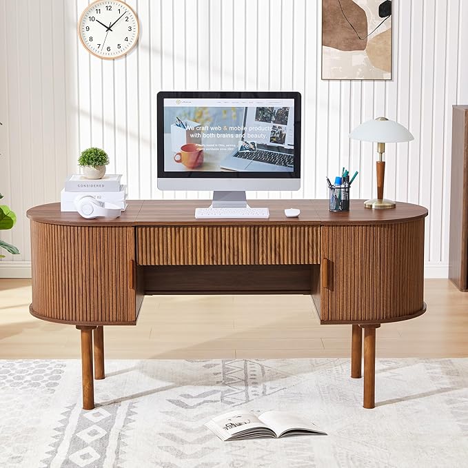ORRD Home Office Oval Desk with Sliding Tambour Door and Drawer, Modern Fluted Wood Executive Computer Storage Desk for Study, Living Room, Bedroom, Office - Walnut