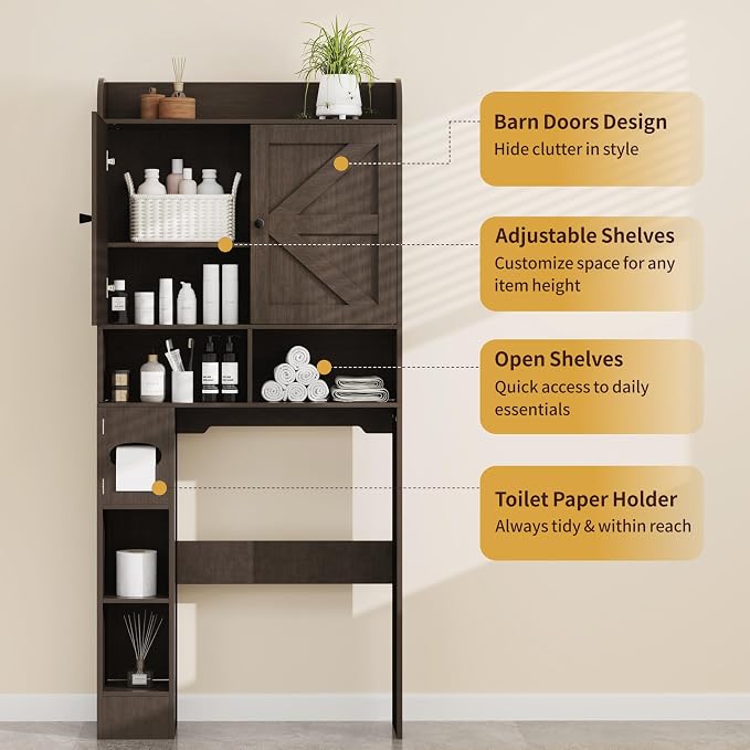 Over the Toilet Storage Cabinet, 32.3” W Farmhouse Bathroom Storage Cabinet Above Toilet with Toilet Paper Holder and Barn Doors, Freestanding Restroom Organizer Space Saving Rack, Rustic Brown