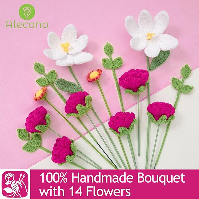 Alecono Crochet Flower Bouquet, Hot Pink Knitted Flowers, Crochet Tulip Rose Flower for Lover Anniversary Birthday Party Mother's Day Graduation Gifts (Include Card)