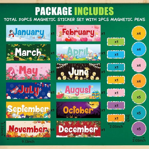 Geyee 52 Pcs Magnetic Holiday Monthly Headliners - 12 Month Headers & 31 Writable Accents