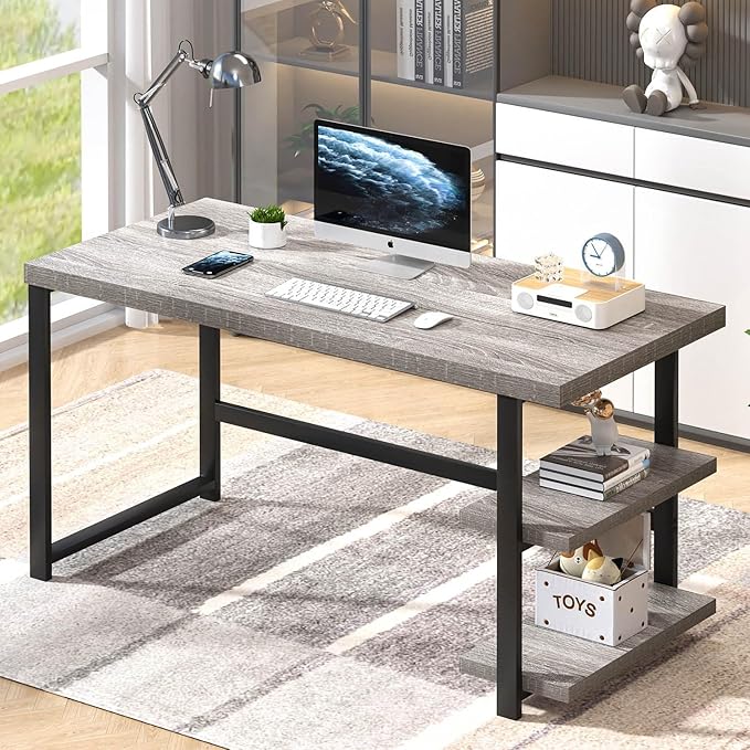 FOLUBAN 47 Inch Home Office Desk, Modern Computer Desk with Storage Shelves, Small Study Writing Gaming Table Workstation for Living Room Bedroom, Industrial Light Grey