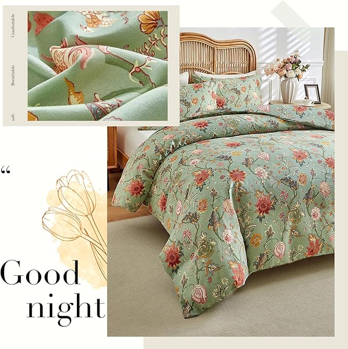 Vintage Floral Comforter Set King Farmhouse Boho Bedding Comforter Botanical Flowers Vines Pattern on Green Floral Bedding Comforter Fluffy Aesthetic King Comforter with 2 Pillowcases for All Seasons