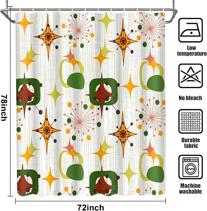 Mid Century Shower Curtain, 72x78inch, Modern Abstract Retro Green Striped Geometric Shower Curtain Sets 1950s Boho Bathroom Shower Curtain with 12 Hooks