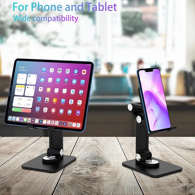 Jusanice 360 Rotating Cell Phone Stand,Folding Phone Stand,Adjustable Height and Angle Foldable Cell Phone Stand Holder for Desk, Taller iPhone Stand Compatible with iPad Smartphones Tablet (Black)