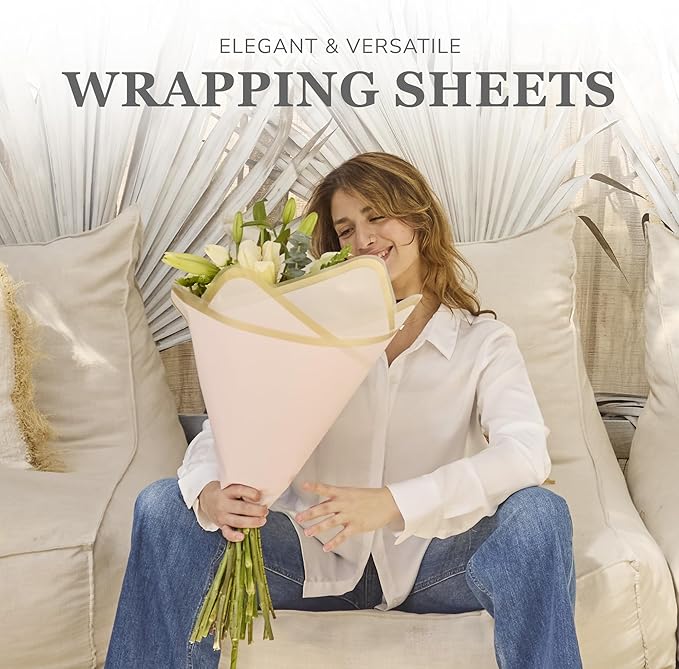 the florist Supply 20 Sheets Premium Flower Wrapping Paper | Waterproof Flower Wrapping Paper for Bouquets | Double Sided Floral Bouquet Sheets | DIY Gifts Rocio Pink/Gold