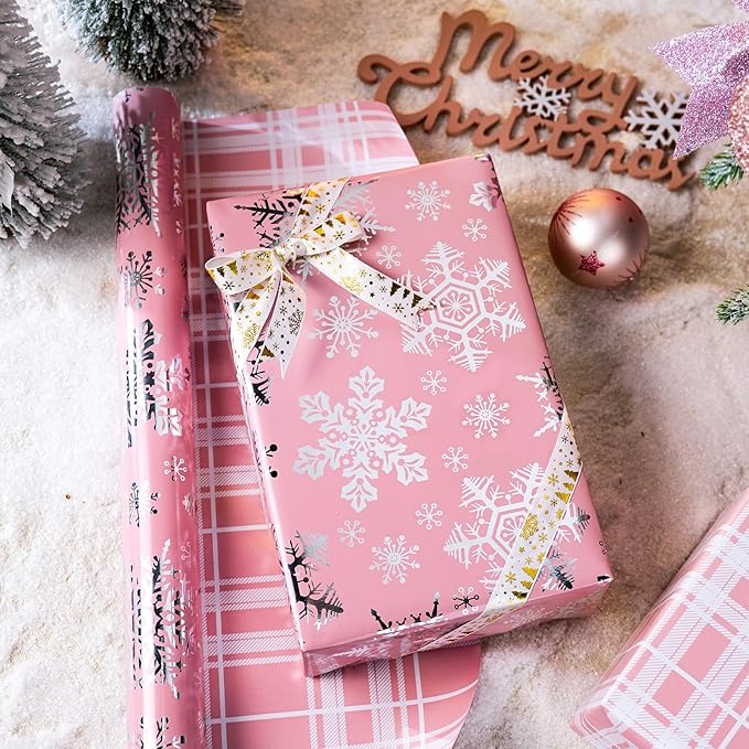 MAYPLUSS Pink Christmas Wrapping Paper, Snowflake Wrapping Paper, Metallic Foil Girly Pastel Snowflake, Plaid Design Christma Gift Wrap for Girl Women Winter Holiday (Mini Roll, 17 Inch X 16.5 Feet)
