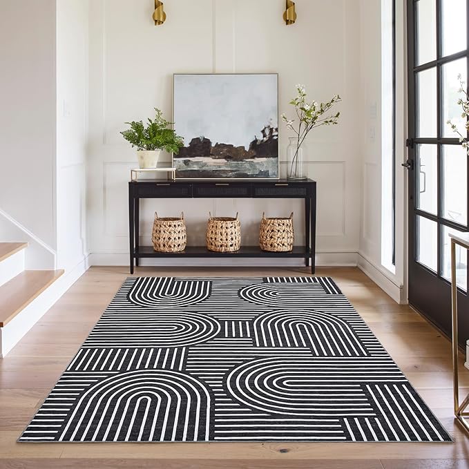 Washable 6x9 Black Area Rug for Living Room Modern Geometric Wave Print Accent Rug Non Slip Office Carpet Thin Foldable Boho Solid Indoor Floor Carpet for Bedroom Dining Room, Black
