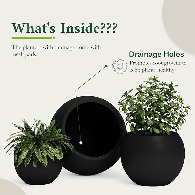 DTY Signature Mount Sherman Modern Indoor Outdoor Fiberstone Sphere Planter, Durable Round Garden Pot, Weather Resistant, Drainage Hole & Rubber Plug, Planter for Christmas Tree - Small, Black
