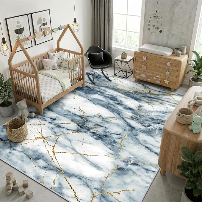 Merelax 5x8 Abstract Rug for Livingroom Bedroom - Washable Non-Slip Modern Area Rug, Indoor Floor Carpet Low Pile Soft Rug for Dining Room, Mudroom, Aesthetic Geometric Decor, Blue/Gold