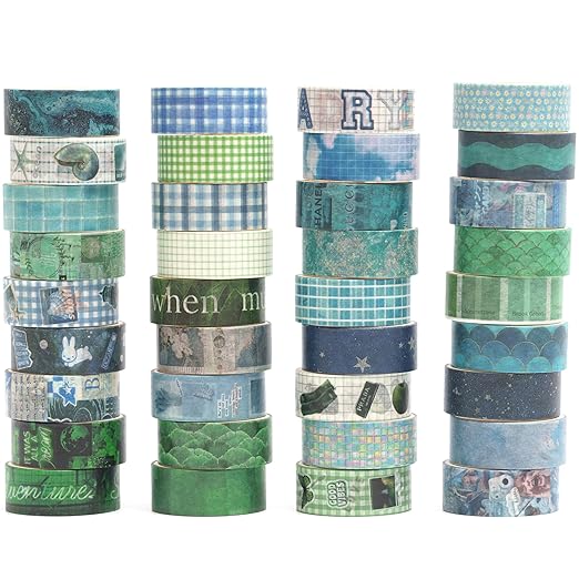 YUBBAEX Nature Washi Tape Value Pack 36 Rolls Plants Printed Masking Tape Cute Decorative for Arts, DIY Crafts, Journal Supplies, Planners, Scrapbook, Card/Gift Wrapping (Green Blue)