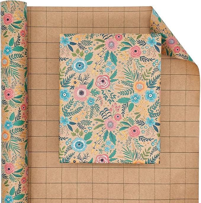 VCOOHM Floral Kraft Wrapping Paper Roll – 17 Inch x 16.4 Feet – Elegant Garden Flower Design – Gift Wrap for Birthday, Wedding, Baby Shower, Bridal Shower and More