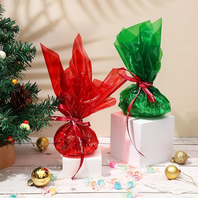 Cholemy 4 Rolls Christmas Cellophane Warp - 100ft Long x 31.5in Wide Green Red Transparent Cellophane Wrap 2.3 Mil Gift Basket Wrapping Paper Roll Plastic Wrap for Art Treats Christmas Decoration