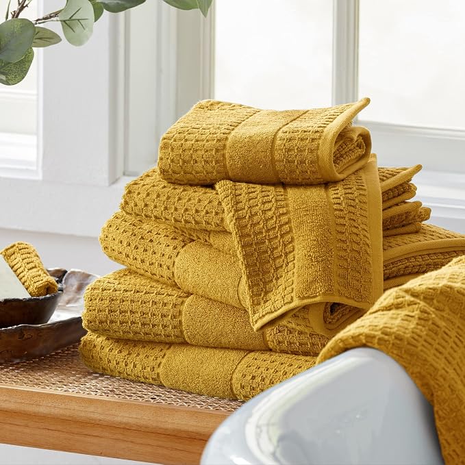 Market & Place 100% Cotton Super Soft Luxury Bath Towel Set | Quick-Dry and Highly Absorbent | Waffle Textured | 550 GSM | Includes 4 Bath Towels | Harper Collection (Mustard Yellow)