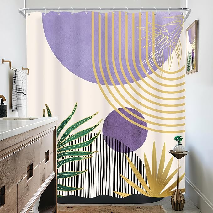 KOMLLEX Mid Century Purple Green Boho Shower Curtain 60Wx72L Inches Abstract Modern Shower Curtains for Bathroom Gold Botanical Minimalist Arch Sun Fabric Liner Waterproof Polyester 12 Pack Hooks