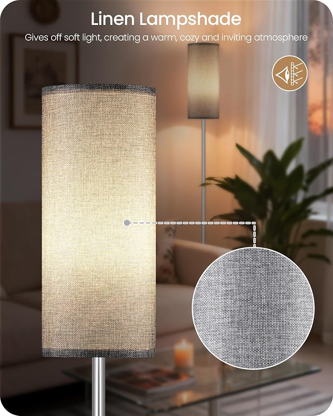 Dimmable Floor Lamps for Living Room with Remote and Foot Switch, 64.4” Modern Standing Tall Lamp, Corner Lamp for Bedroom, Office, Bulb Included, 3000K-6500K, Gray and Silver, FCC Listed SH06LD05W1