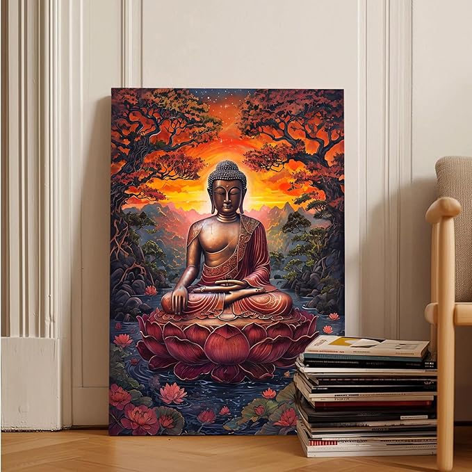 Golden Buddha on lotus seat serene meditation statue amidst lush trees flowing water and sunrise light spiritual home art for a tranquil decor 24x36in Wood Framed