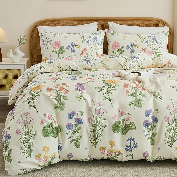 100% Cotton Duvet Cover King Size – Botanical Garden Print, Green Floral Duvet Cover Set with Zipper Closure, 3-Piece Soft Breathable Natural Cotton Bedding Set for All Seasons