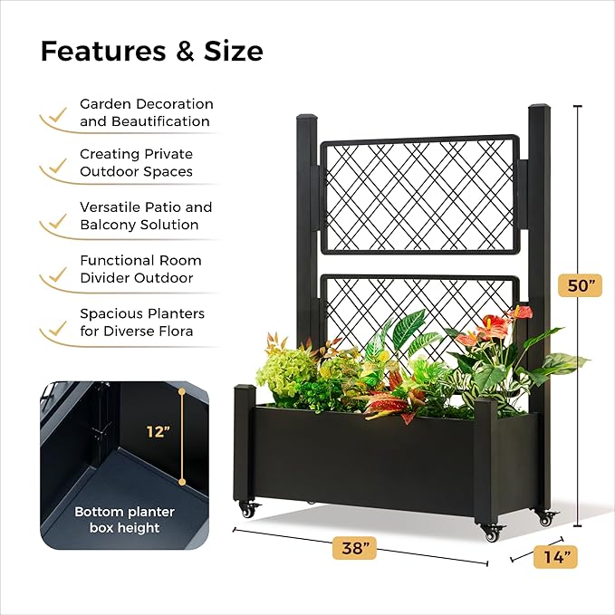Metal Planter Box with Trellis and Wheels, 50" Hx38 Wx14 D Large Outdoor Garden Planter for Climbing Plants, Vegetables & Vines, Includes Drainage Holes and Privacy Screen, Black