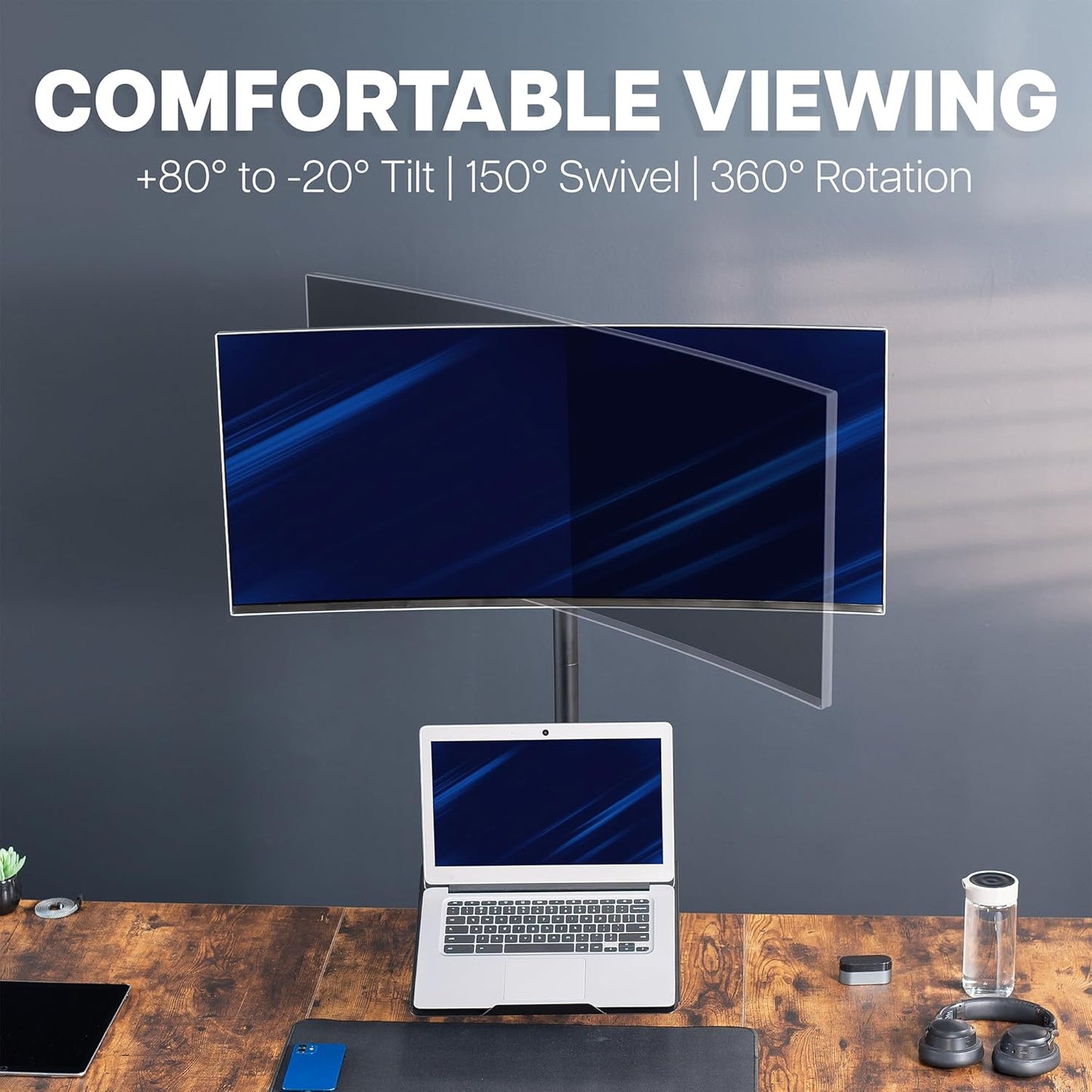 VIVO Extra Tall Desk Mount - Adjustable Clamp-On Stand for 49" Ultrawide & 17" Laptop | Supports 44 lbs, Black