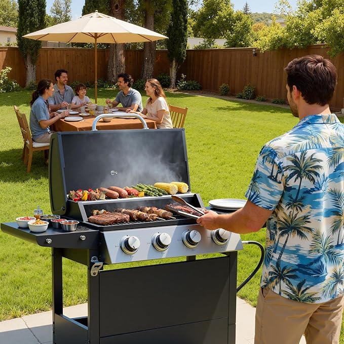 EUHOME 4-Burner Gas Grill with Side Burner & Cover, 51000 BTU Stainless Steel Outdoor BBQ Grill, 452 sq.in Cooking Area, Ideal for Backyard, Patio Large Gatherings