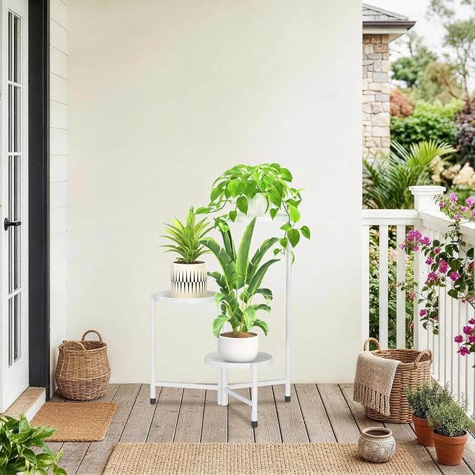 iDavosic.ly 3 Tier Large Plant Stand Indoor, 10 Inch Wide Tall Corner Metal Plant Stands Outdoor for Multiple Plants, Folding Tiered Flower Display Holder Rack Shelf, White