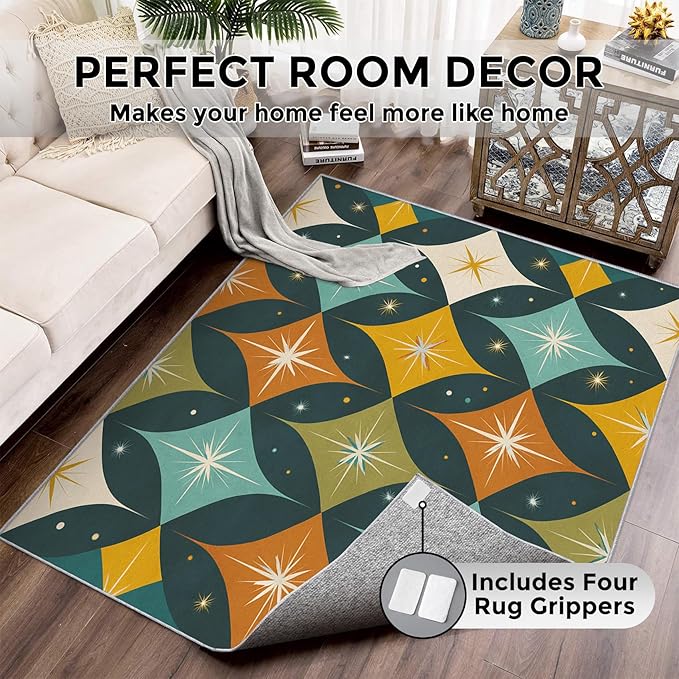 Mid Century Modern Rugs for Bedroom 5x8 ft, MCM Atomic Area Rugs for Living Room, Washable Non Slip Low Pile Abstract Geometric Carpet, Home Decor PF-P 107