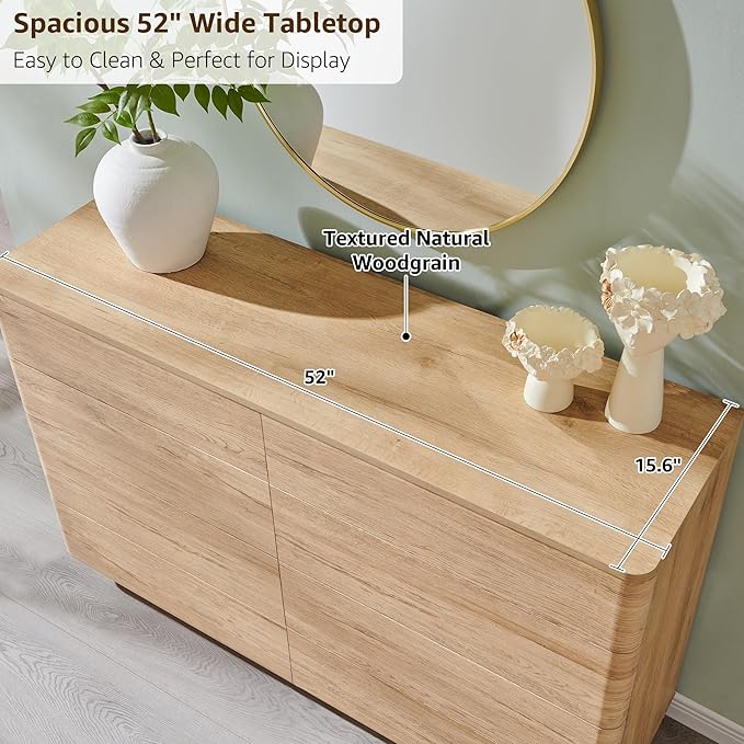 JXQTLINGMU 8 Drawer Dresser for Bedroom, Modern Push-to-Open Chest of Drawers, Large Wood Storage w/Curved Profile & Handleless Design, 52" Wide Dresser TV Stand for Bedroom, Living Room, Natural Oak