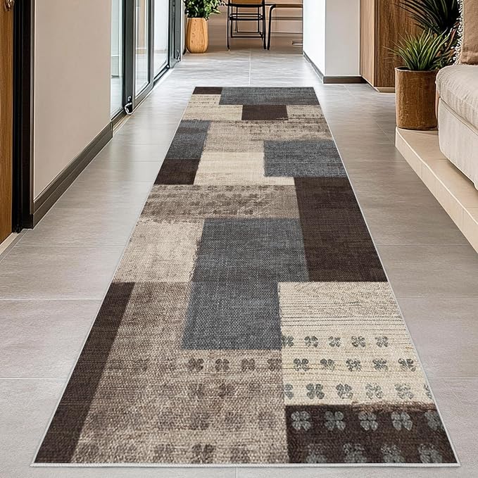Modern Geometric Patchwork Indoor Runner Rug for Living Room, Blue-Taupe 2.7'x 8' Rug Rockwood Collection Hardwood Floors Decor for Bedroom, Blue Throw Carpet for Office Entryway Dining Room