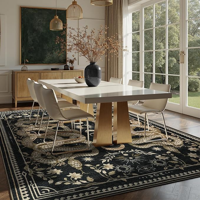 DCX Washable 6x9 Snake Rug, Black Gothic Rug for Living Room, Soft Low Pile Carpet, Kid & Pet Friendly with Rubber Back Non Slip, Stain Resistant Rug for Bedroom Dining Room Office