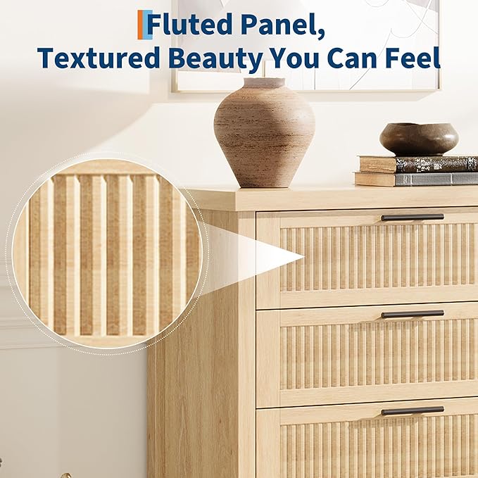 GarveeHome Fluted 4 Drawers Dresser for Bedroom, 35.4 in Tall Chest of Dressers for Closet, 4 Fluted Drawers with Metal Handle, Large Clothes Storage Cabinet for Bedroom, Nursery, Living Room, Natural