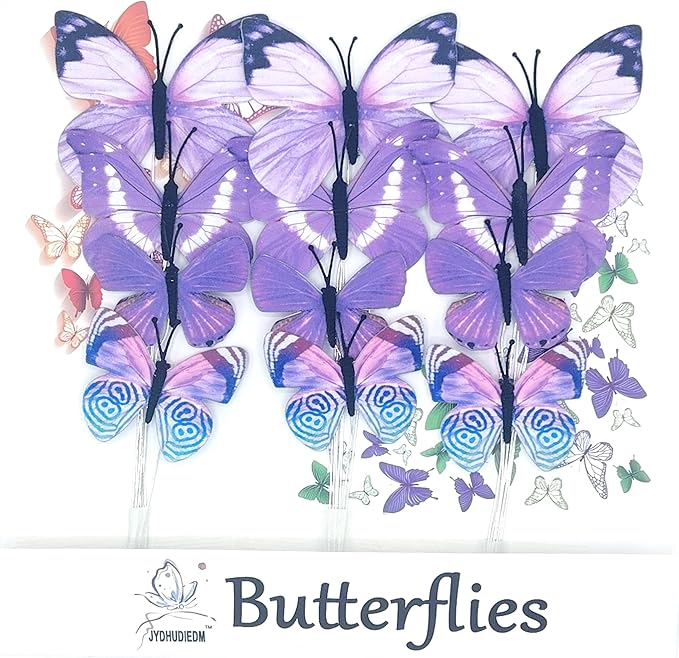 12 PCS Artificial Fabric Butterflies, 2 Sizes Reusable Butterly Crafts Decor, DIY 3D Butterfly Decorations for Fake Flowers Floral Nursery Wedding Tea Party Birthday Easter Spring. (Purple01 Medium)