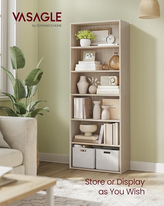 VASAGLE Custos Collection - Bookshelf, 6-Tier Bookcase, Book Shelf, Open Storage Shelf, 9.4 x 23.6 x 63.3 Inches, for Living Room, Home Office, Dinning Room, Natural Beige ULBC166L01