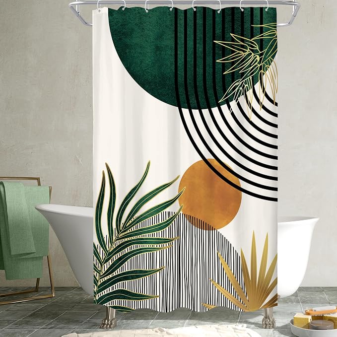 KOMLLEX Mid Century Green Boho Shower Curtain 48Wx72L Inches Abstract Modern Shower Curtains for Bathroom Decor Plant Botanical Minimalist Leaf Arch Sun Fabric Liner Waterproof Polyester 12 Pack Hooks