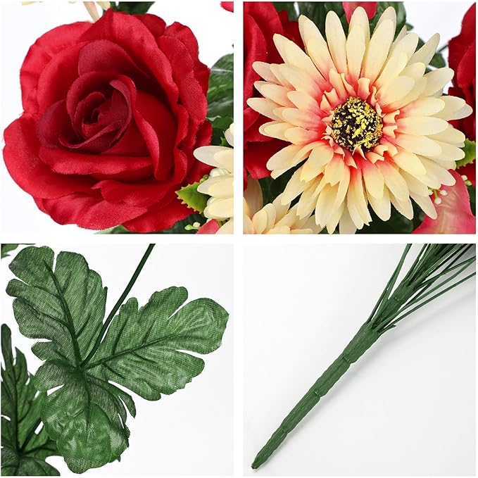 Hollyone Set of 2 Artificial Cemetery Flower for Graves Red Cemetery Memorial Flowers for Outdoor Grave Decorations Silk Flower Arrangements Rose Lily Gerbera Floral Flowers Bouquets