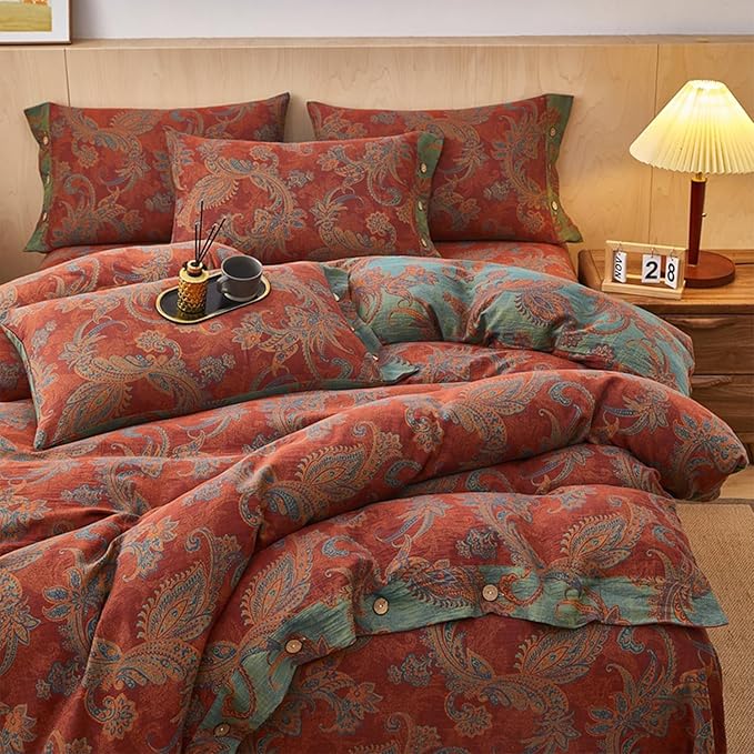 EAVD Vintage Style Jacquard Floral Duvet Cover King Soft 100% Cotton Muslin Yarn-Dyed Textured Bedding Set with 2 Pillowcases Boho Floral Comforter Cover with Button Closure