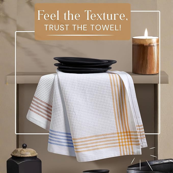 Waffle White & Multi Colors Kitchen Towels Set of 12, 100% Cotton, 16x26 inches, Durable Dish Towel, Quick Dry Dishcloths, Ideal for Drying, Wiping - Mustard Yellow, Sky Blue, Brown