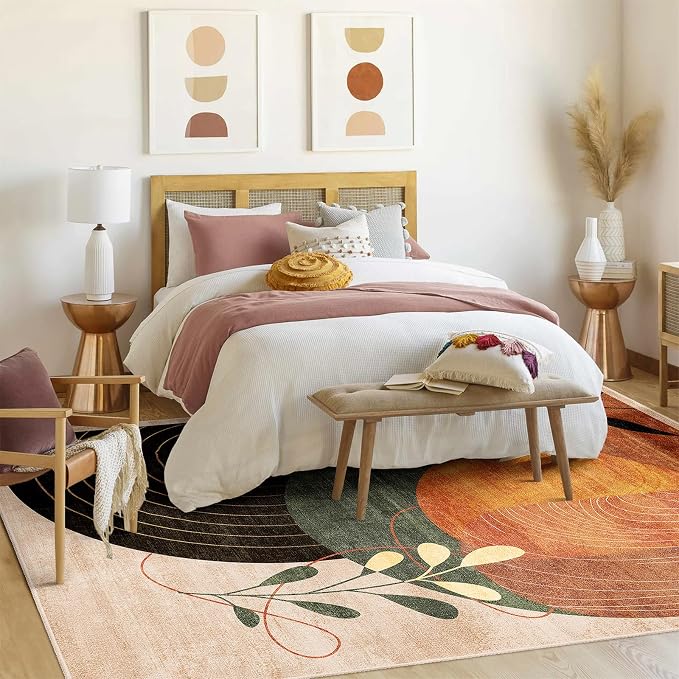 MUJOO Washable 8x10 Area Rugs for Living Room Bedroom Dining Room Large Boho Non Slip Carpet Indoor Mid Century Modern Abstract Botanical Geometric Terracotta