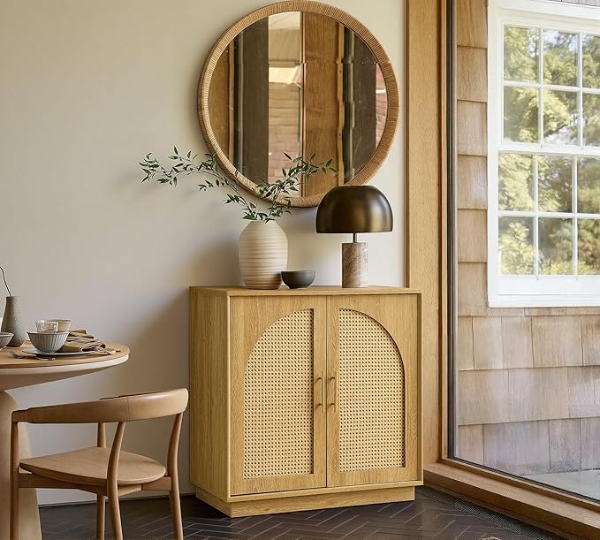 FORTUNETEC Sideboard Buffet Cabinet with Storage Set of 2, Modern Accent Cabinet with Rattan Arched Doors, Modular Media Console, Boho Credenza for Living Room Kitchen Dining Room Entryway, Oak