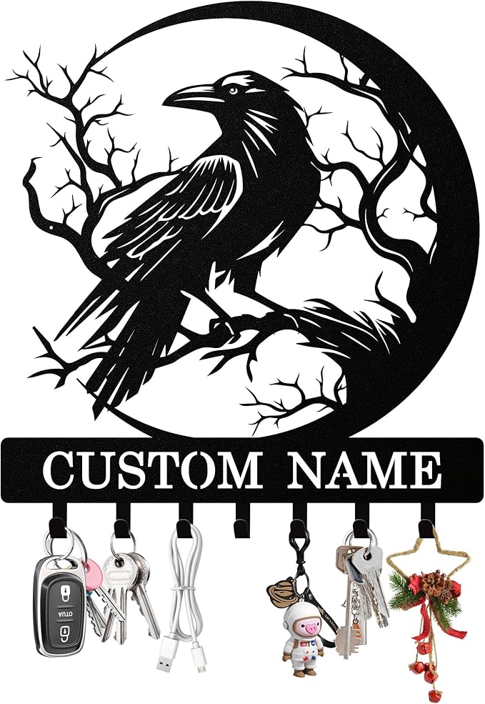 Syneiro Personalized Crow Key Holder Wall Mount, Custom Metal Keys Holder for Wall with Name, Wall Home Key Hanger Rack with Hooks for Entryway, Front Door, Living Room, Kitchen, Bathroom, Garden