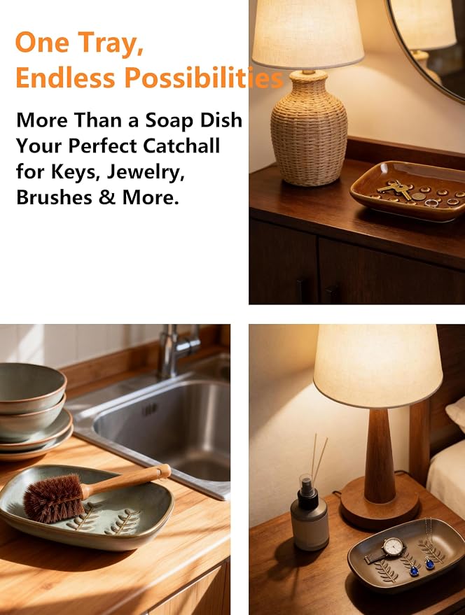 Miamolo Soap Dish for Shower, Ceramic Bar Soap Holder, Soap Saver Non-Slip, Decorative Sponge Tray for Bathroom Kitchen Sink Bathtub, Multi-Purpose, Raised Pattern - Keep Soap Dry, Brown