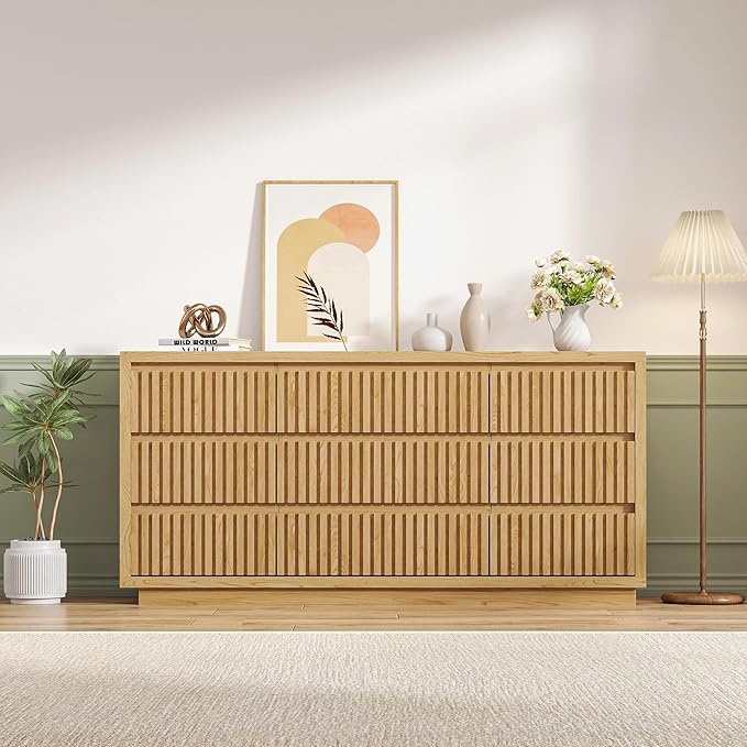 Long Dresser for Bedroom, Large Fluted Dresser with 9 Drawers, 58" Wide Modern Chest of Drawers, Wood Closet Clothes Storage Organizer, Wooden TV Stand for Living Room, Boho, Natural Oak
