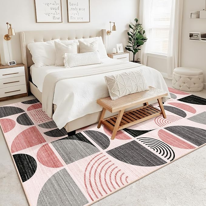 MUJOO Pink Washable Rugs 9x12,Boho Area Rugs for Living Room Bedroom Dining Room,Large Throw Floor Carpet Non Slip Soft Modern Abstract Pink and Grey