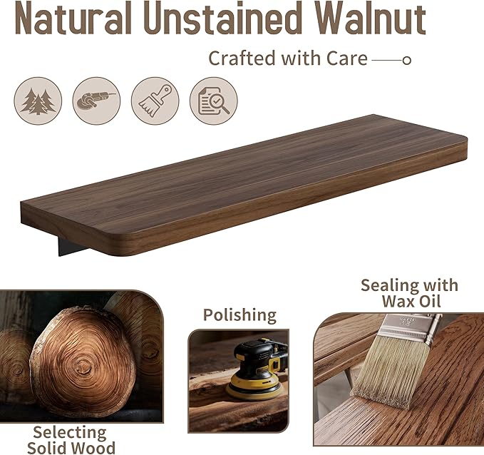 Danpoo 16 inch Solid Walnut Floating Shelf - Large, Heavy Duty Wall Shelf for Kitchen, Living Room, Bathroom, Built to Hold Books, Kitchenware, & Heavy Decor