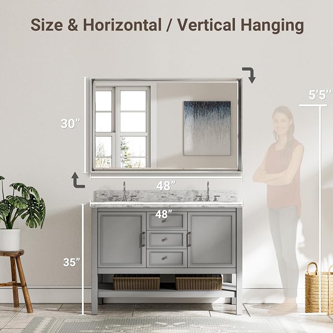 48 x 30 Beveled Bathroom Mirror, Shatterproof Rectangle Mirror, Metal Framed for Wall, Anti-Rust (Vertical/Horizontal)