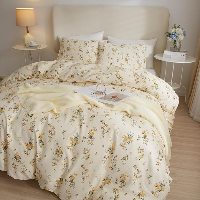 Yellow Floral Comforter Set Full Size Garden Style Flower Botanical Comforter Set Fluffy Soft Vintage Floral Bedding Set Full Chic Cottagecore Flowers Comforter with 2 Pillowcases for All Seasons