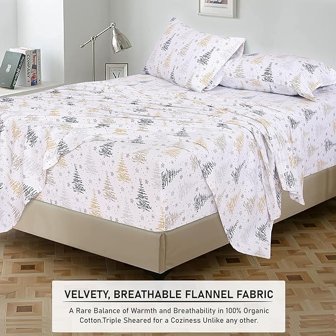 RUVANTI Flannel Sheets Twin Size - 100% Cotton Double Brushed Twin Sheets Set, Deep Pockets 16 Inches, All Seasons Breathable & Extra Soft Bed Sheets, Warm & Cozy, 3 Piece, Christmas Tree