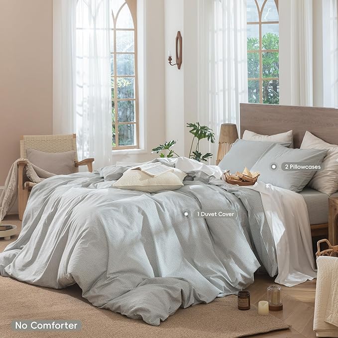 MooMee Striped Duvet Cover Set 100% Washed Cotton Linen Like Textured Breathable Durable Soft Comfy (Heathered Green Pinstripes, Cal King 104"x98")