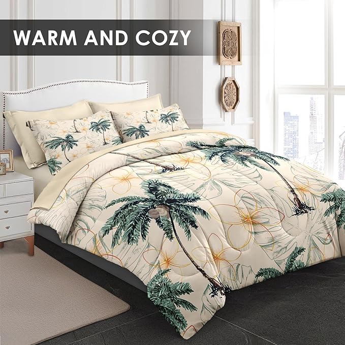 Comforter Set Twin Size, Tropical Botanical Palm Summer 5 Pcs Bedding for Kids and Adults, Hawaiian Coconut Tree Bed Sheet Sets with Fitted Sheet Pillowcase & Sham for Bedroom Bed Decor