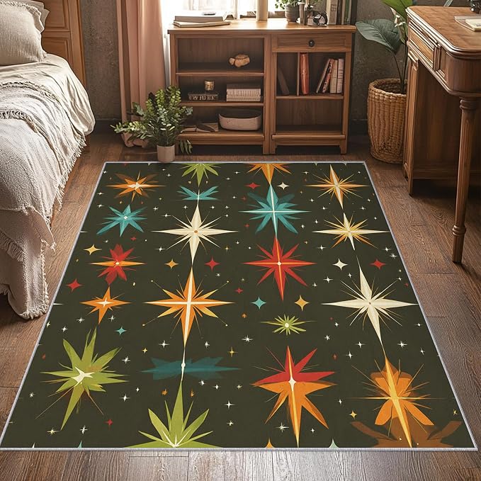 Atomic Rugs for Bedroom 5x6 ft, Abstract Starburst Area Rugs for Living Room, Washable Non Slip Low Pile Mid Century Modern Carpet, Home Decor PF-P 107