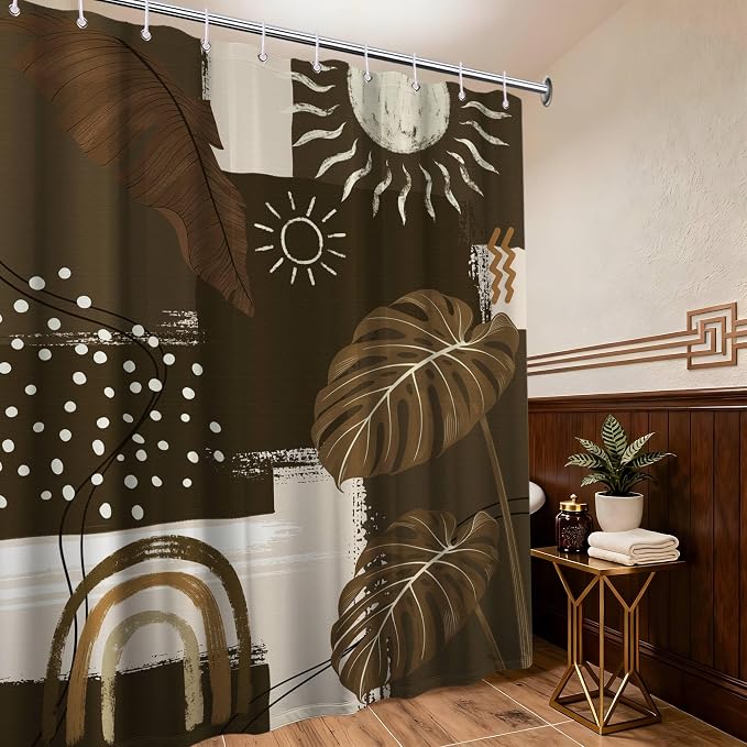 Dark Brown Mid Century Modern Shower Curtain Boho Abstract Khaki Earth Tone Shower Curtains for Bathroom Decor Sets, Waterproof Cloth Fabric with Hooks, 60 x 72 Inch
